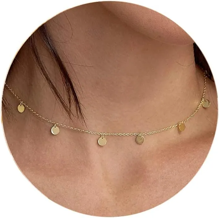 itianxi Dainty Beaded Choker Necklaces,14K Gold/Silver Plated Cute Tiny Delicate Coin/Satellite Chain Choker Necklaces for Women