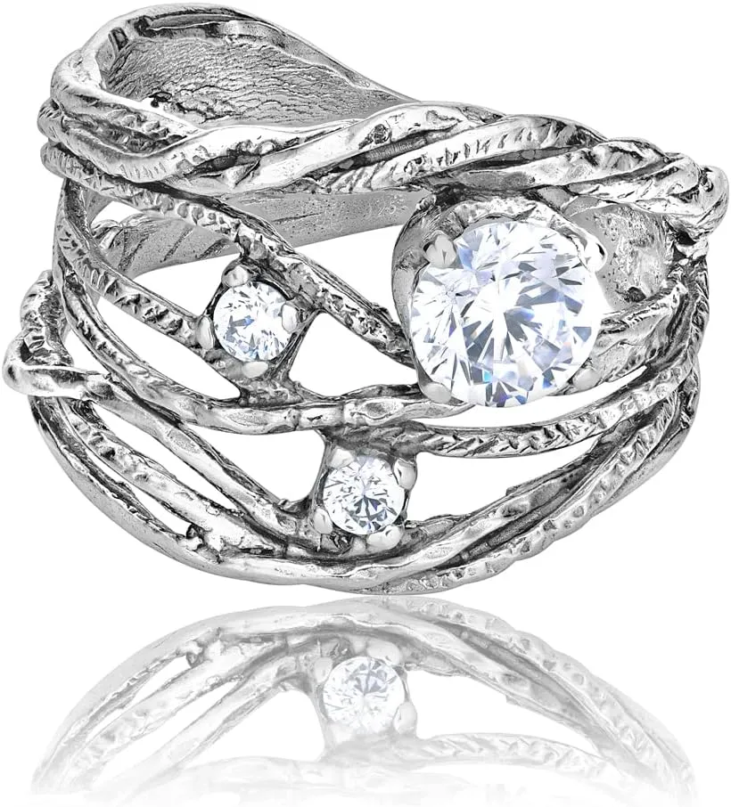 JEAN RACHEL JEWELRY 925 Sterling Silver Ring - Openwork Vintage Design with Prong Set Cubic Zirconia - Hypoallergenic, Lead & Nickel Free Jewelry - Artisan Handcrafted Statement Rings for Women