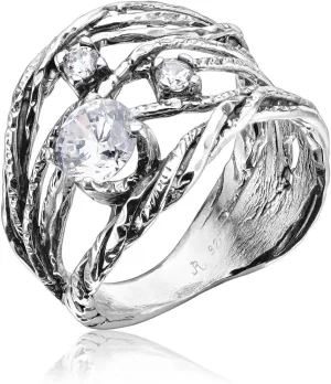 JEAN RACHEL JEWELRY 925 Sterling Silver Ring - Openwork Vintage Design with Prong Set Cubic Zirconia - Hypoallergenic, Lead & Nickel Free Jewelry - Artisan Handcrafted Statement Rings for Women