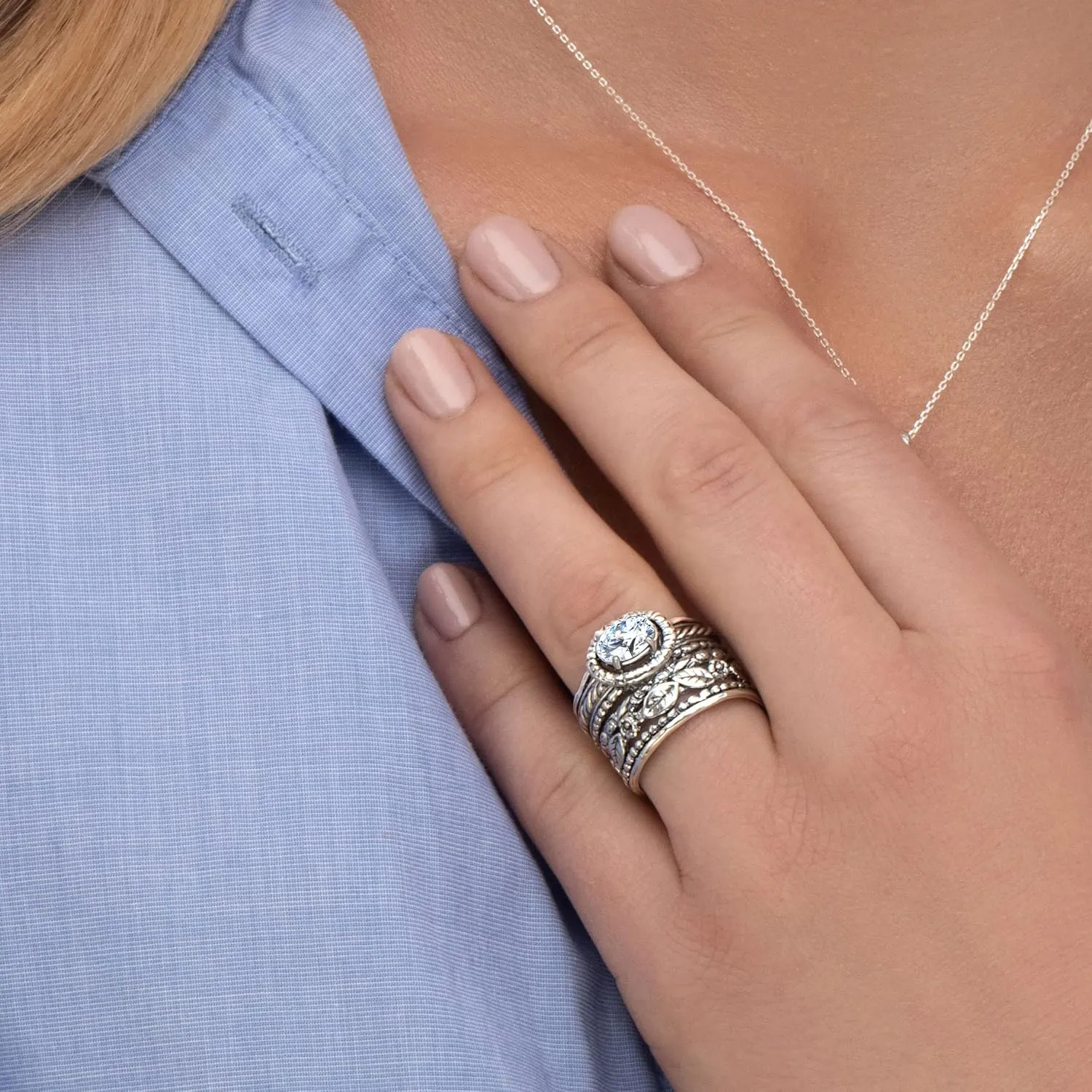 JEAN RACHEL JEWELRY 925 Sterling Silver Ring - Wide Multi Strand Floral & Leaves with Cubic Zirconia Vintage Design - Hypoallergenic, Lead & Nickel Free - Artisan Handcrafted Statement Rings for Women
