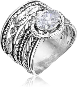 JEAN RACHEL JEWELRY 925 Sterling Silver Ring - Wide Multi Strand Floral & Leaves with Cubic Zirconia Vintage Design - Hypoallergenic, Lead & Nickel Free - Artisan Handcrafted Statement Rings for Women
