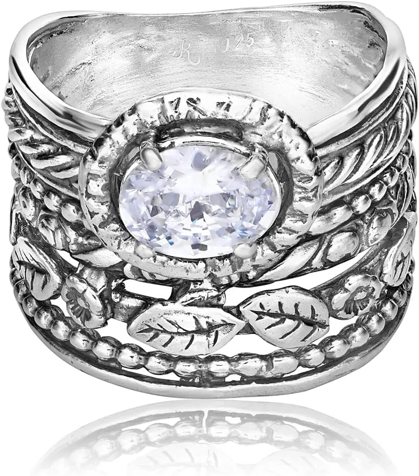 JEAN RACHEL JEWELRY 925 Sterling Silver Ring - Wide Multi Strand Floral & Leaves with Cubic Zirconia Vintage Design - Hypoallergenic, Lead & Nickel Free - Artisan Handcrafted Statement Rings for Women
