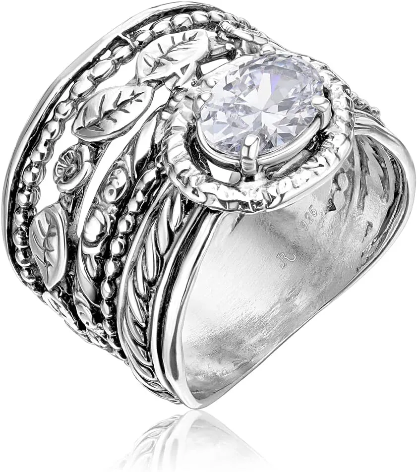 JEAN RACHEL JEWELRY 925 Sterling Silver Ring - Wide Multi Strand Floral & Leaves with Cubic Zirconia Vintage Design - Hypoallergenic, Lead & Nickel Free - Artisan Handcrafted Statement Rings for Women