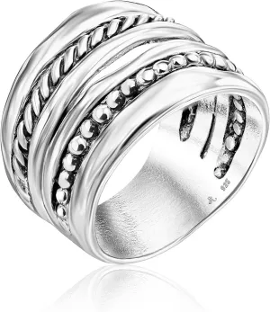 JEAN RACHEL JEWELRY 925 Sterling Silver Ring - Wide Multi Strand Rope & Bead Vintage Design - Hypoallergenic, Lead & Nickel Free Jewelry - Artisan Handcrafted Statement Rings for Women