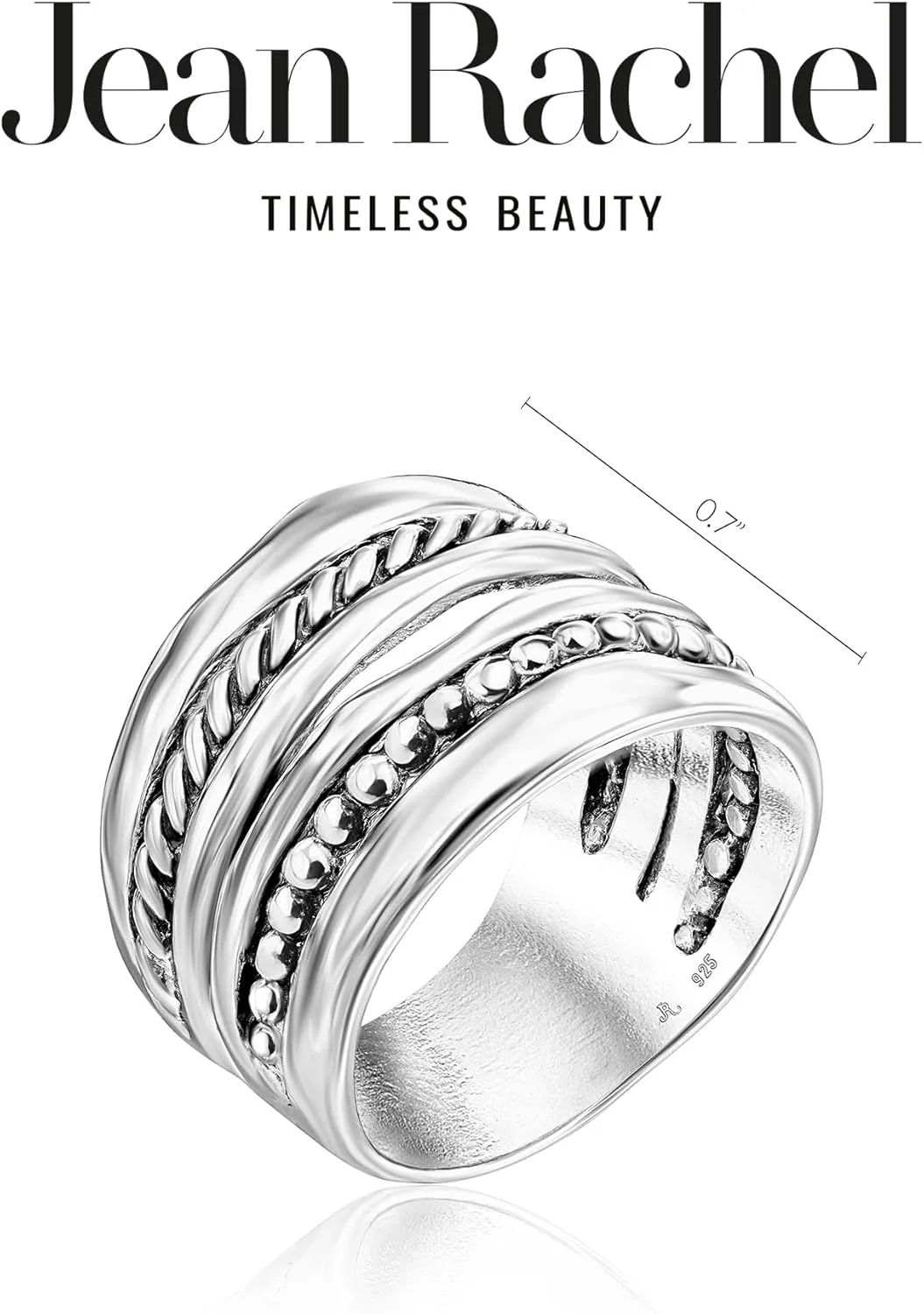 JEAN RACHEL JEWELRY 925 Sterling Silver Ring - Wide Multi Strand Rope & Bead Vintage Design - Hypoallergenic, Lead & Nickel Free Jewelry - Artisan Handcrafted Statement Rings for Women