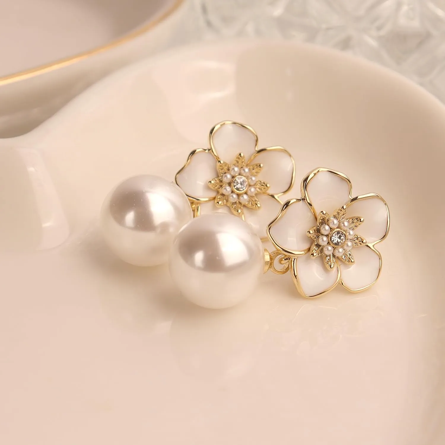 JeanBeau Large Dangle Pearl Earrings with Rhinestone Cubic Zirconia Chain - 14k Gold plated Brass, Synthetic Faux Pearl  Sparkly Long Chain/C shaped Open Hoop Drop Dangle Earrings for Women