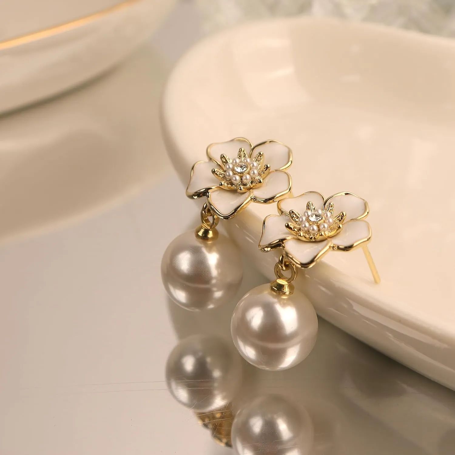 JeanBeau Large Dangle Pearl Earrings with Rhinestone Cubic Zirconia Chain - 14k Gold plated Brass, Synthetic Faux Pearl  Sparkly Long Chain/C shaped Open Hoop Drop Dangle Earrings for Women