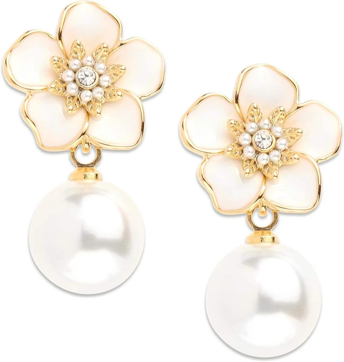 JeanBeau Large Dangle Pearl Earrings with Rhinestone Cubic Zirconia Chain - 14k Gold plated Brass, Synthetic Faux Pearl  Sparkly Long Chain/C shaped Open Hoop Drop Dangle Earrings for Women