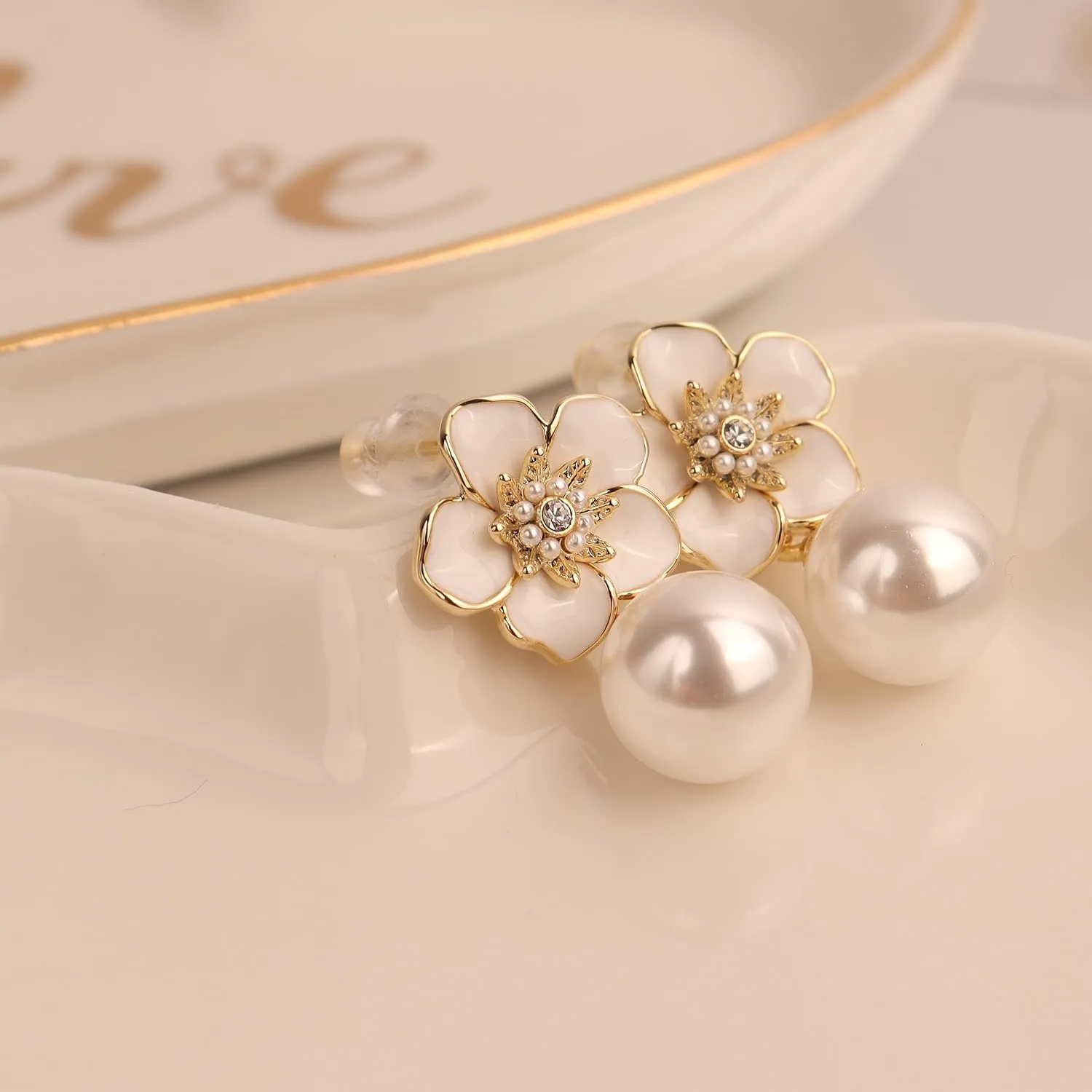 JeanBeau Large Dangle Pearl Earrings with Rhinestone Cubic Zirconia Chain - 14k Gold plated Brass, Synthetic Faux Pearl  Sparkly Long Chain/C shaped Open Hoop Drop Dangle Earrings for Women