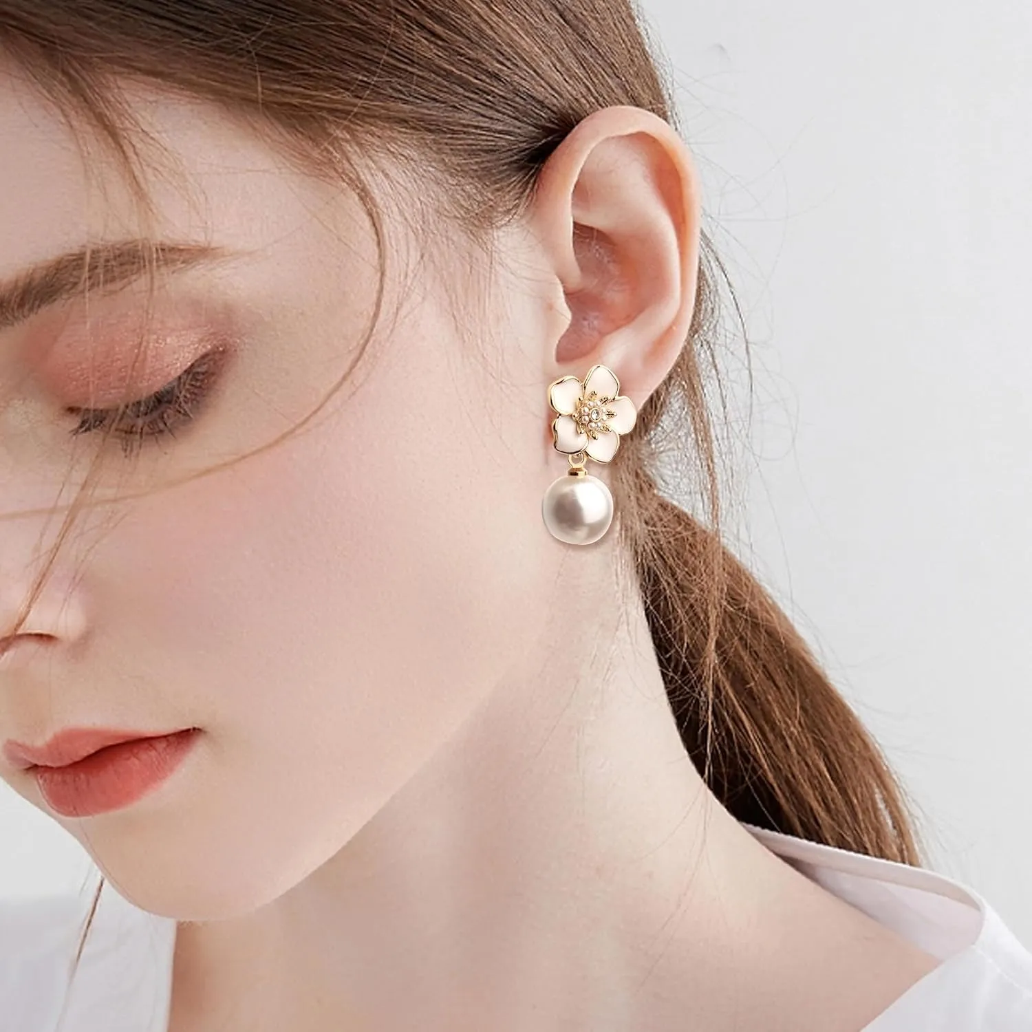 JeanBeau Large Dangle Pearl Earrings with Rhinestone Cubic Zirconia Chain - 14k Gold plated Brass, Synthetic Faux Pearl  Sparkly Long Chain/C shaped Open Hoop Drop Dangle Earrings for Women