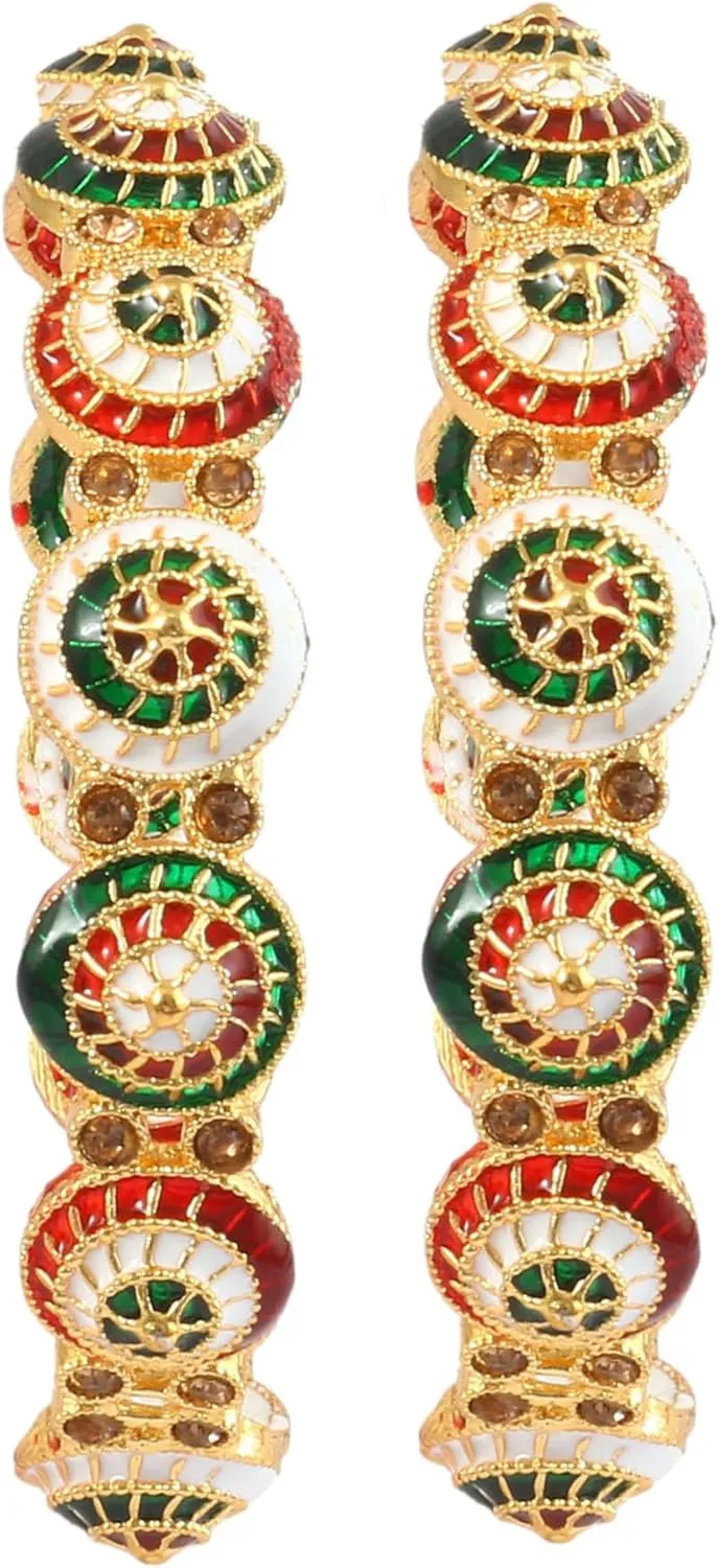 Jewar Mandi Bangles Set 2 Piece Pearl Polki Ad Cz Handmade Multi Color Meena Work Gold Plated Color Stones Traditional Indian Bracelet For Women