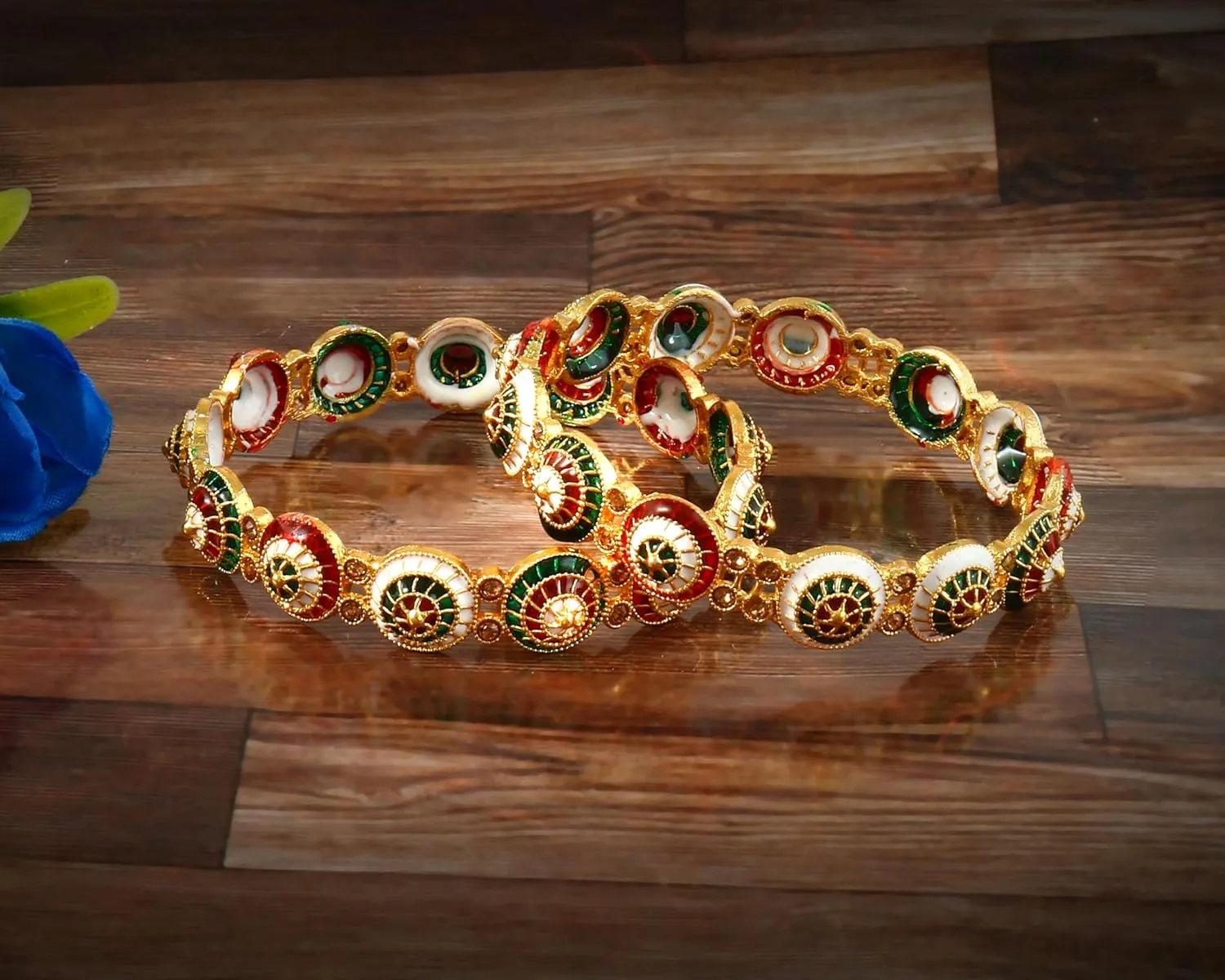 Jewar Mandi Bangles Set 2 Piece Pearl Polki Ad Cz Handmade Multi Color Meena Work Gold Plated Color Stones Traditional Indian Bracelet For Women