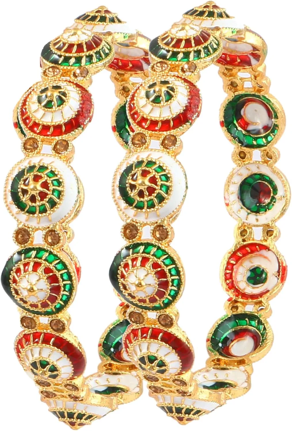 Jewar Mandi Bangles Set 2 Piece Pearl Polki Ad Cz Handmade Multi Color Meena Work Gold Plated Color Stones Traditional Indian Bracelet For Women