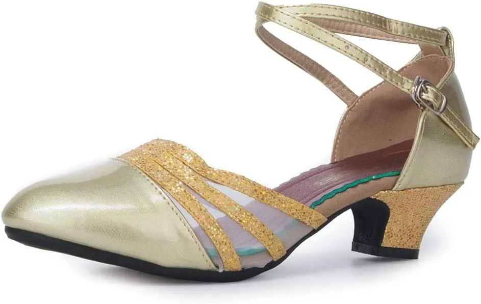 JUODVMP Leather & Mesh Closed Toe Ballroom Dance Shoes Crisscross Belt Women Low Heel Modern Character Shoes,DY302