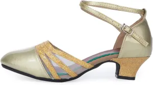 JUODVMP Leather & Mesh Closed Toe Ballroom Dance Shoes Crisscross Belt Women Low Heel Modern Character Shoes,DY302