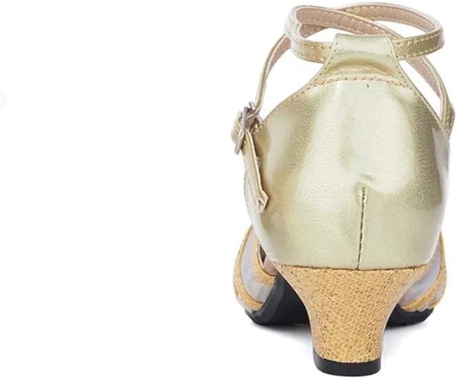 JUODVMP Leather & Mesh Closed Toe Ballroom Dance Shoes Crisscross Belt Women Low Heel Modern Character Shoes,DY302