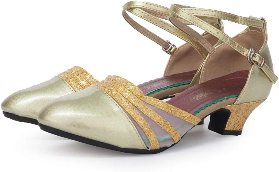JUODVMP Leather & Mesh Closed Toe Ballroom Dance Shoes Crisscross Belt Women Low Heel Modern Character Shoes,DY302