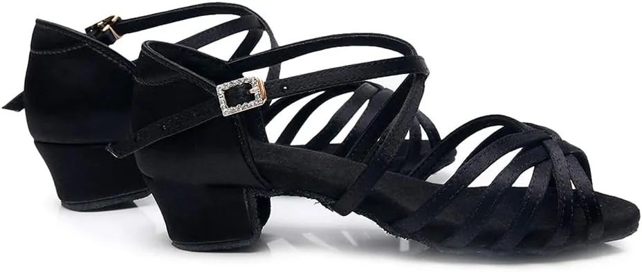 JUODVMP Silk Fabric Latin Dance Shoes for Girls Latin Ballroom Dance Shoes Girls with Diamond Buckle,Model US-TL-LP-ZSZK