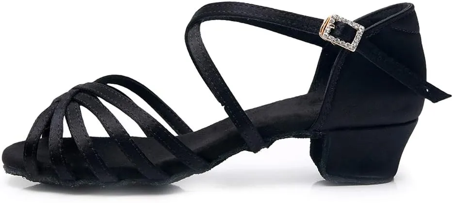 JUODVMP Silk Fabric Latin Dance Shoes for Girls Latin Ballroom Dance Shoes Girls with Diamond Buckle,Model US-TL-LP-ZSZK