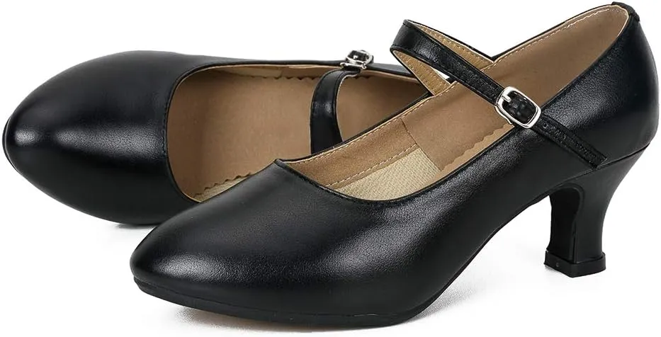 JUODVMP Women's and Girls Latin Ballroom Dance Shoes Closed Toe Character Shoes Ankle Strap Salsa Tango Practice Ballroom Party Performance Shoe,Model DY-SD