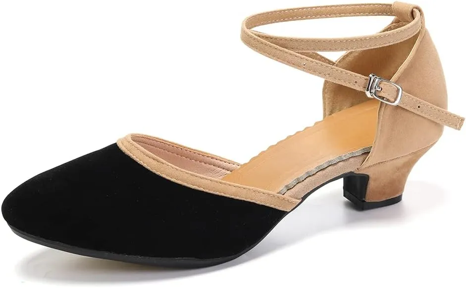 JUODVMP Women's Ballroom Dance Shoes Closed Toe Satin Modern Latin Dance Shoes Crisscross Belt Women Model DY212