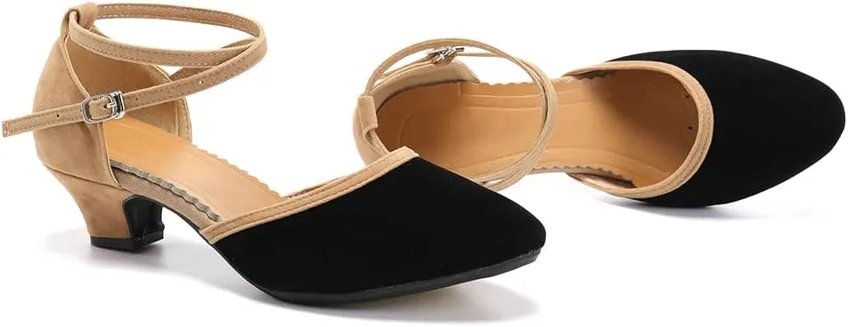 JUODVMP Women's Ballroom Dance Shoes Closed Toe Satin Modern Latin Dance Shoes Crisscross Belt Women Model DY212