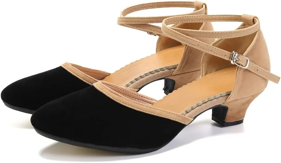 JUODVMP Women's Ballroom Dance Shoes Closed Toe Satin Modern Latin Dance Shoes Crisscross Belt Women Model DY212