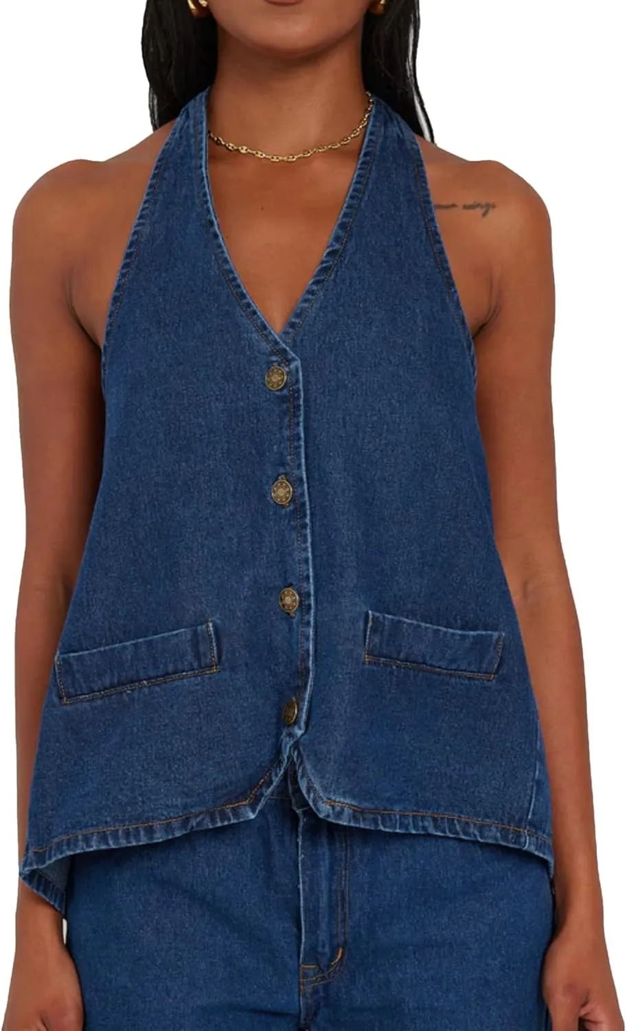 Kedera Women's Tie Up Denim Vest Button Down Backless Denim Tank Top V Neck Sexy Loose Fashion Cropped Vest