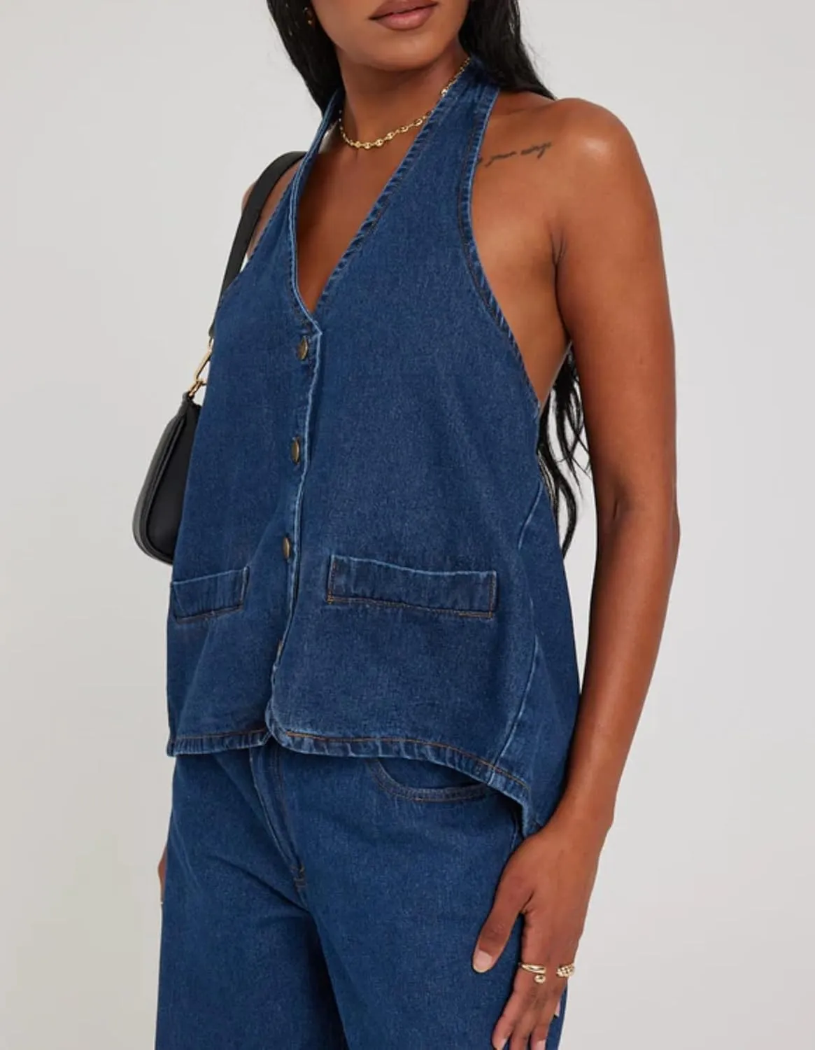 Kedera Women's Tie Up Denim Vest Button Down Backless Denim Tank Top V Neck Sexy Loose Fashion Cropped Vest