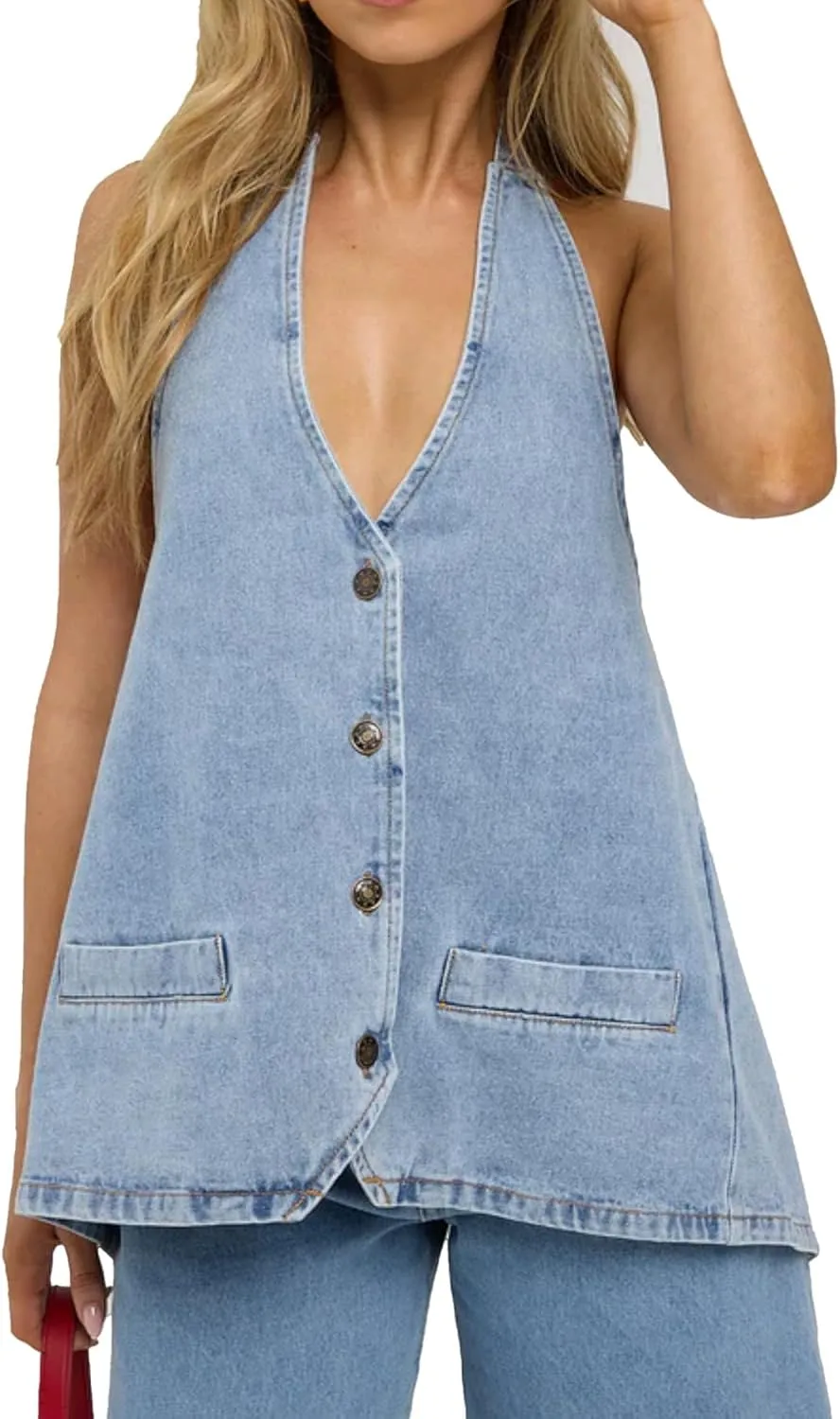 Kedera Women's Tie Up Denim Vest Button Down Backless Denim Tank Top V Neck Sexy Loose Fashion Cropped Vest