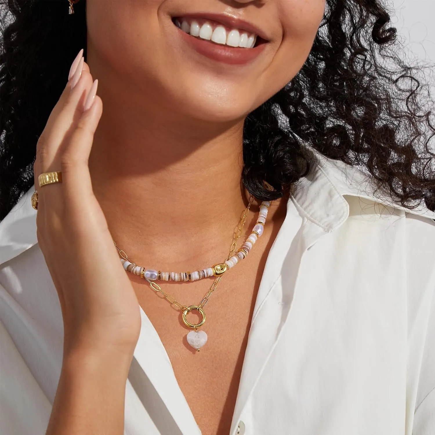 KissYan Beaded Necklaces for Women, 14K Gold Plated Layered Paperclip Choker with Heart Pendant for Summer, Colorful Natural Gemstone Boho Handmade Beach Jewelry Gifts