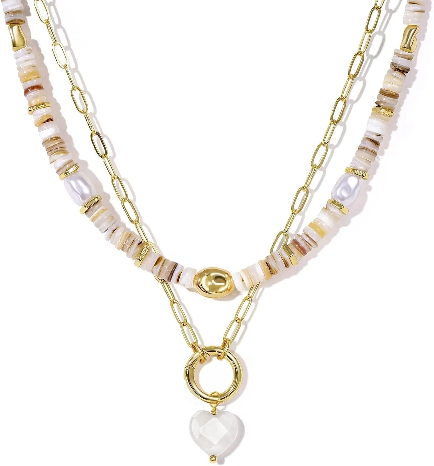 KissYan Beaded Necklaces for Women, 14K Gold Plated Layered Paperclip Choker with Heart Pendant for Summer, Colorful Natural Gemstone Boho Handmade Beach Jewelry Gifts
