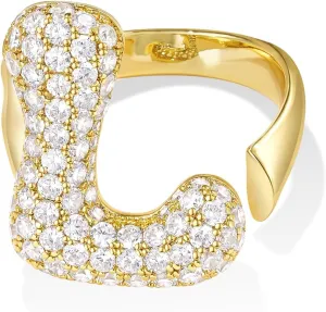 KissYan Bubble Initial Ring for Women, 14k Gold Plate Balloon Jumbo Letter Rings Open Adjustable Dainty Pave CZ Personalized Fashion Trendy Statement Jewelry Gift