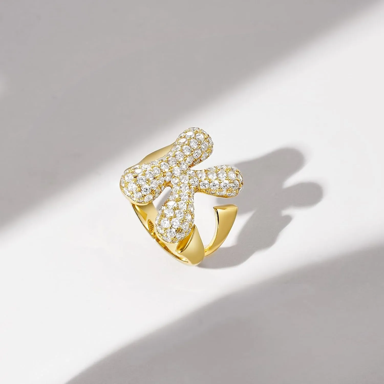 KissYan Bubble Initial Ring for Women, 14k Gold Plate Balloon Jumbo Letter Rings Open Adjustable Dainty Pave CZ Personalized Fashion Trendy Statement Jewelry Gift