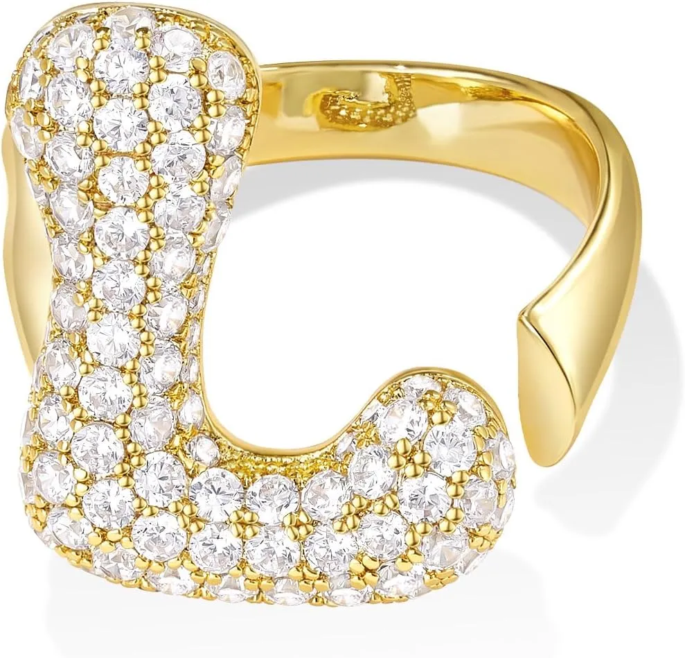 KissYan Bubble Initial Ring for Women, 14k Gold Plate Balloon Jumbo Letter Rings Open Adjustable Dainty Pave CZ Personalized Fashion Trendy Statement Jewelry Gift