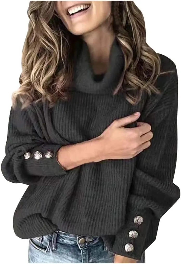 Knit Sweater for Women Blouses for Women Women's Long Sleeve Casual Trendy Oversized Turtleneck Knit Pullover Sweater Tops