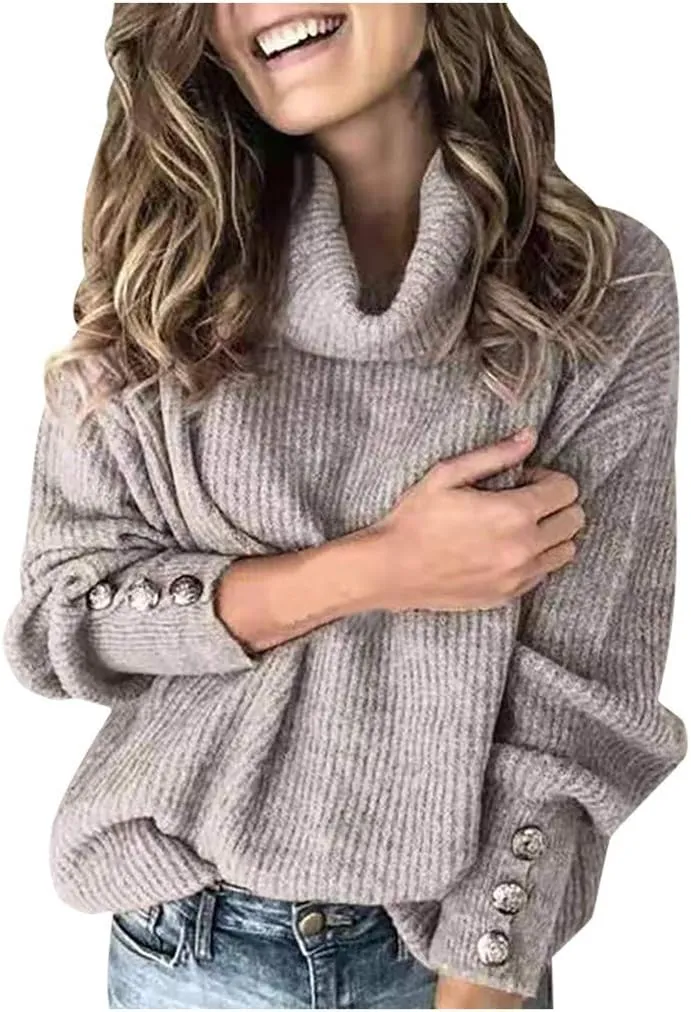 Knit Sweater for Women Blouses for Women Women's Long Sleeve Casual Trendy Oversized Turtleneck Knit Pullover Sweater Tops