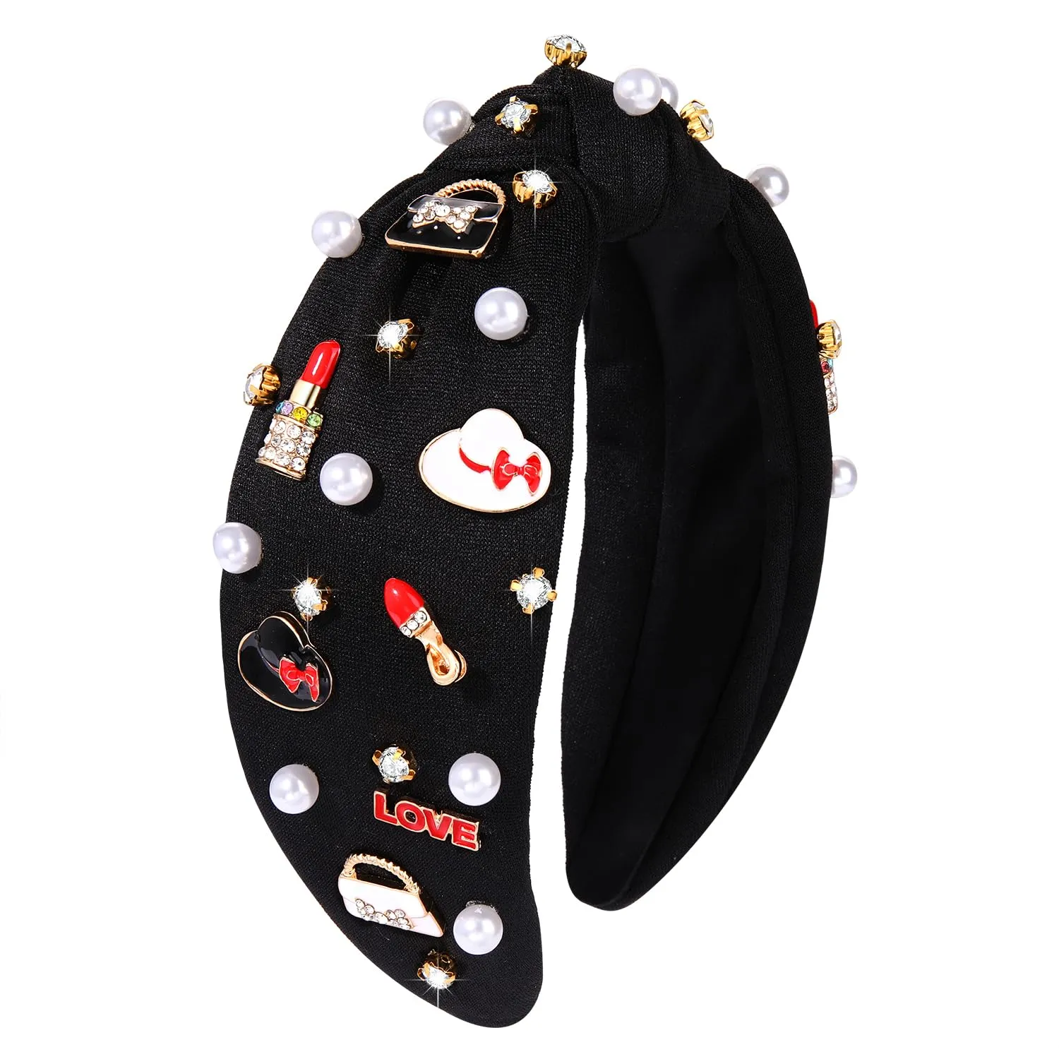 Knotted Headbands for Women Girls Funny Makeup Lipstick High Heels Handbag Hat Charm Pearl Crystal Jeweled Embellished Top Knot Hairband Statement Wide Turban Hair Accessories