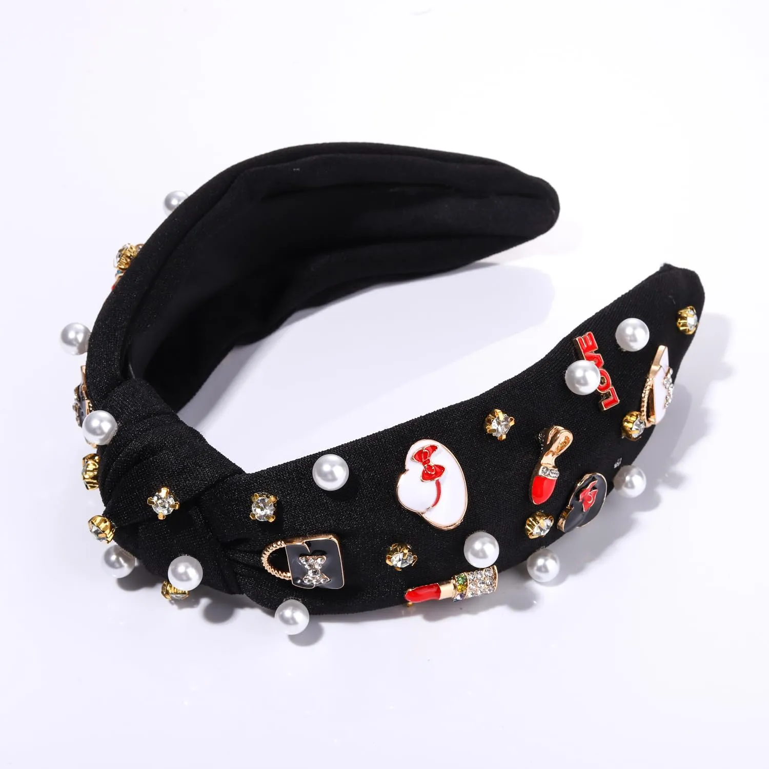 Knotted Headbands for Women Girls Funny Makeup Lipstick High Heels Handbag Hat Charm Pearl Crystal Jeweled Embellished Top Knot Hairband Statement Wide Turban Hair Accessories