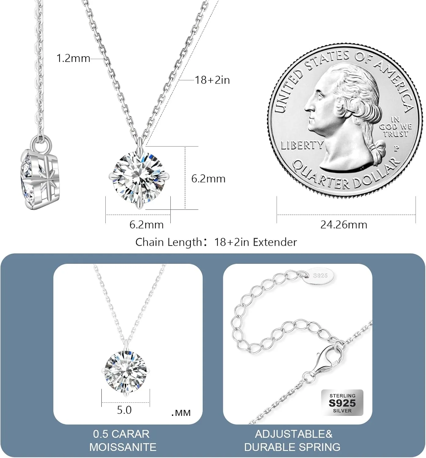 KRKC Moissanite Pendant Necklace for Women, 0.5CT/1CT/2CT/3CT/4CT Lab Created Diamond Solitaire Pendant, VVS1 Clarity D Color, Adjustable 14K White Gold Plated S925 Sterling Silver Chain, Jewelry Gift for Anniversary Valentines Christmas Day
