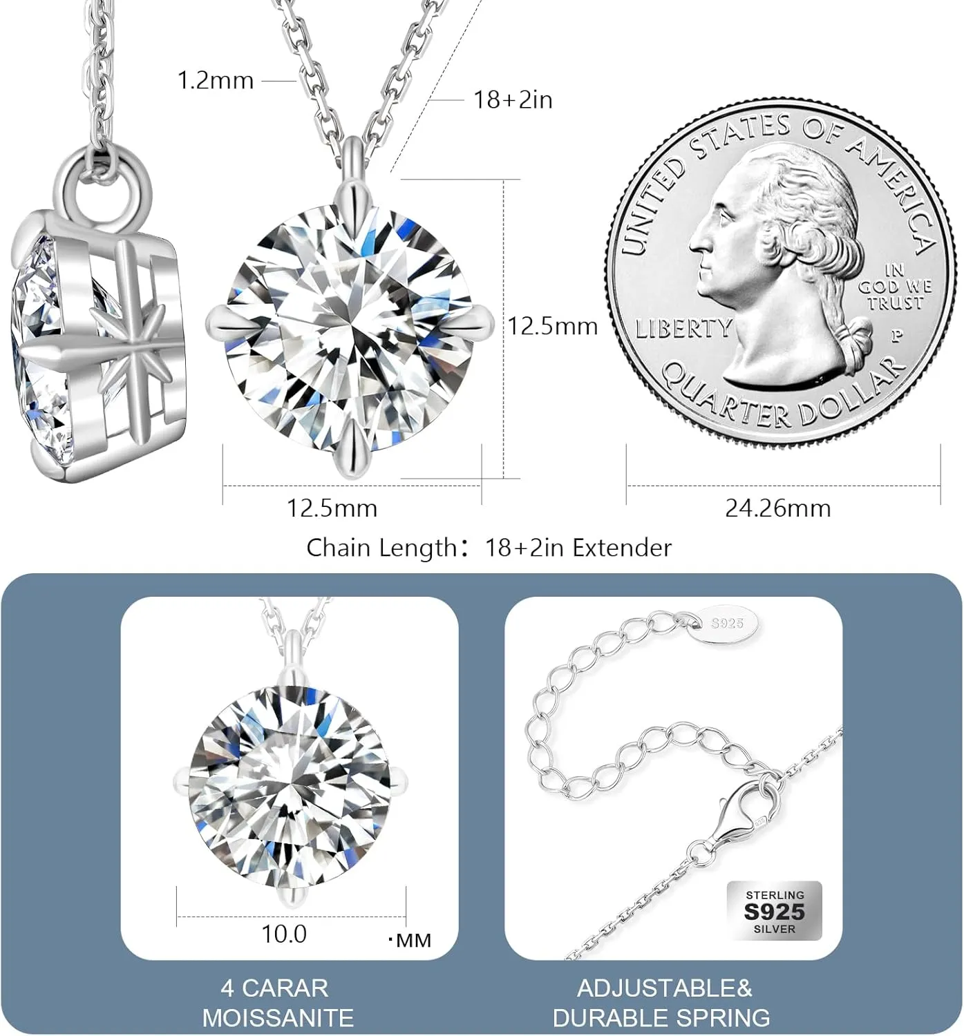 KRKC Moissanite Pendant Necklace for Women, 0.5CT/1CT/2CT/3CT/4CT Lab Created Diamond Solitaire Pendant, VVS1 Clarity D Color, Adjustable 14K White Gold Plated S925 Sterling Silver Chain, Jewelry Gift for Anniversary Valentines Christmas Day