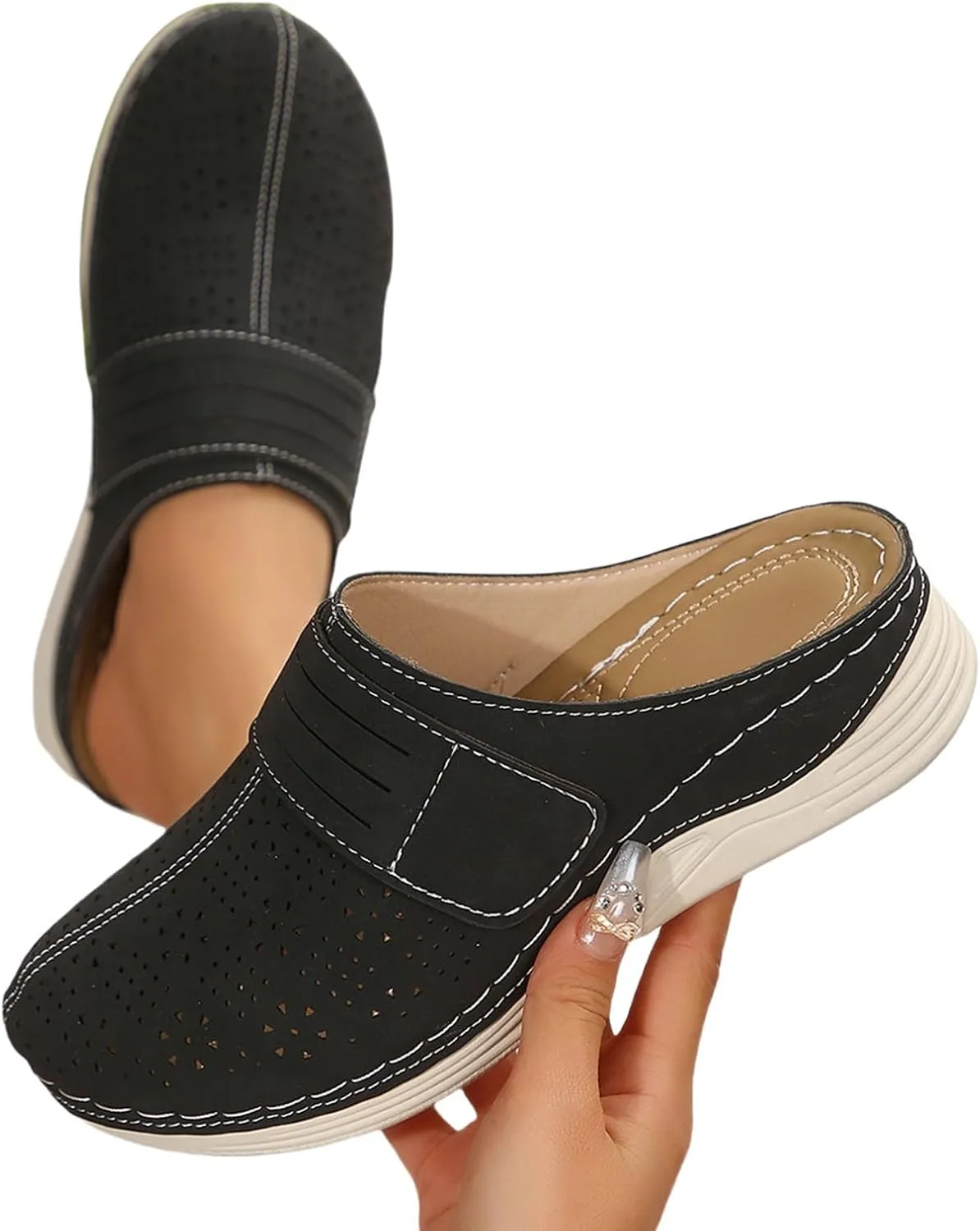 Kubbon Clogs for Womens Slip-On Flat Mule Shoes Comfortable Outdoor Mule Orthopedic Leather Clog Breathable Closed Toe Sandals Summer Wedge Shoes