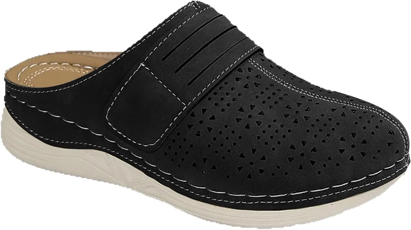 Kubbon Clogs for Womens Slip-On Flat Mule Shoes Comfortable Outdoor Mule Orthopedic Leather Clog Breathable Closed Toe Sandals Summer Wedge Shoes