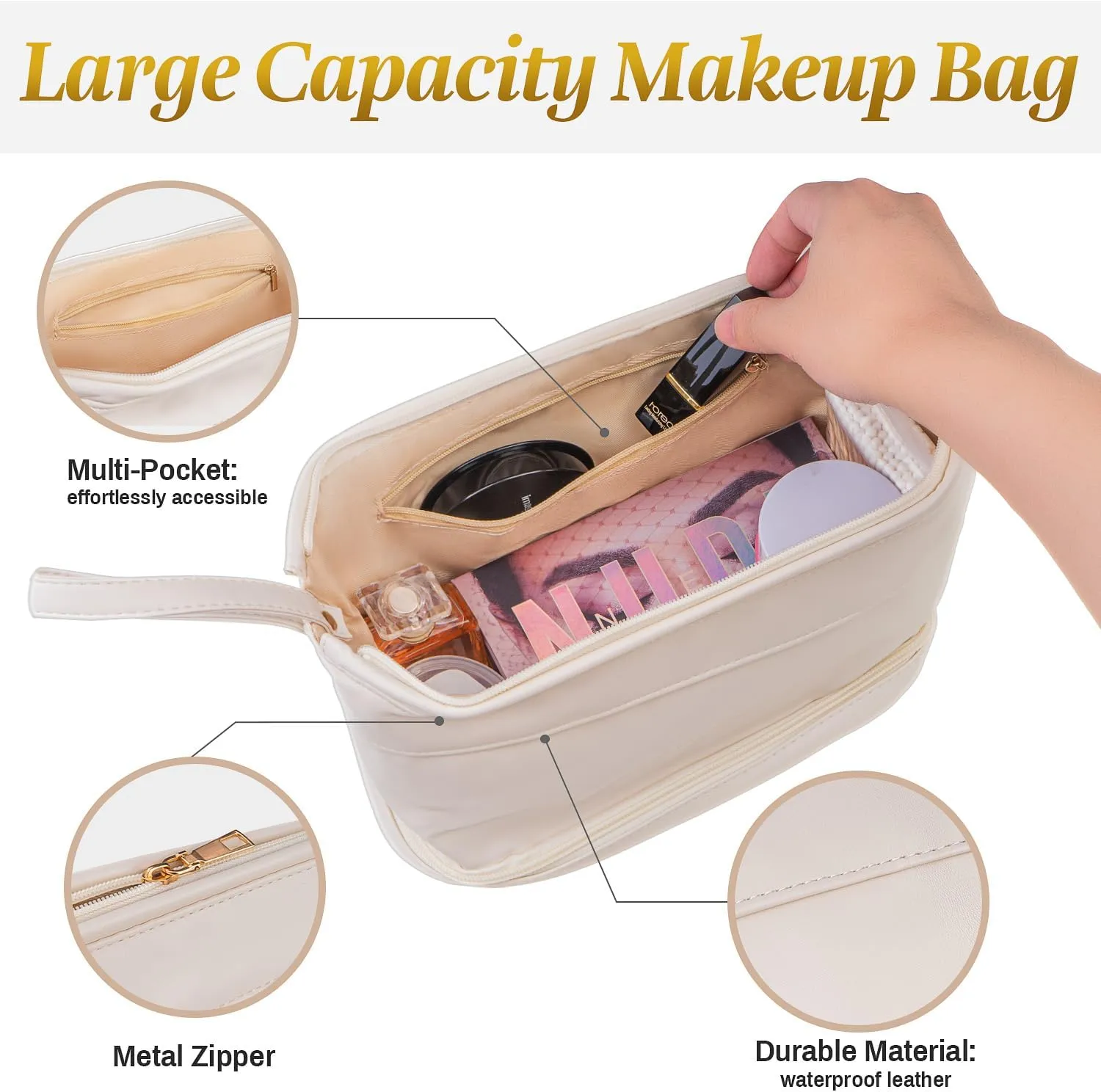 kullder Travel Makeup Bag, 2-Set Cosmetic Bags for Women, Leather Cosmetic Organizer, Large Clear Make Up Pouch, Toiletry Bag (Leather-White)