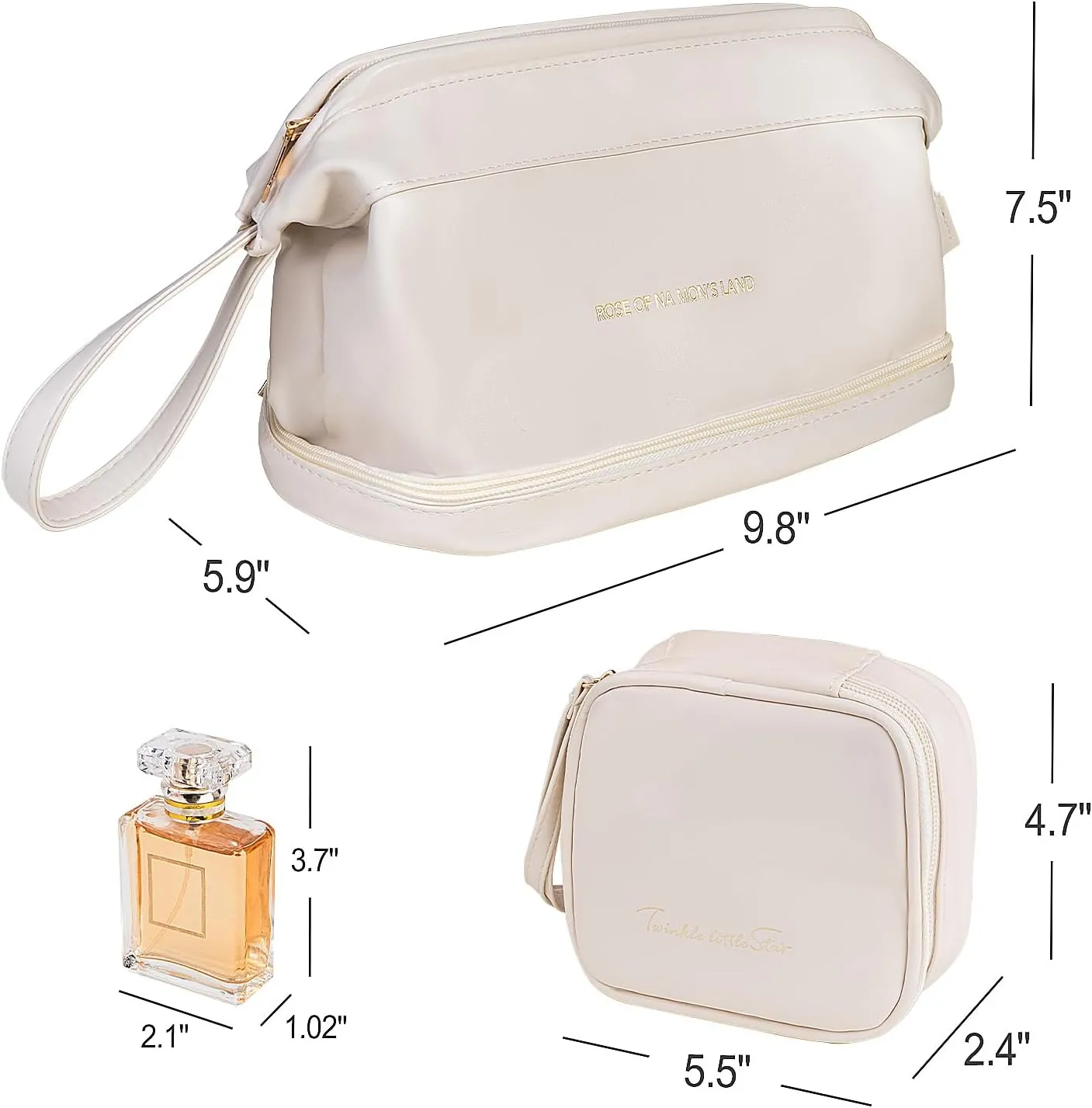 kullder Travel Makeup Bag, 2-Set Cosmetic Bags for Women, Leather Cosmetic Organizer, Large Clear Make Up Pouch, Toiletry Bag (Leather-White)