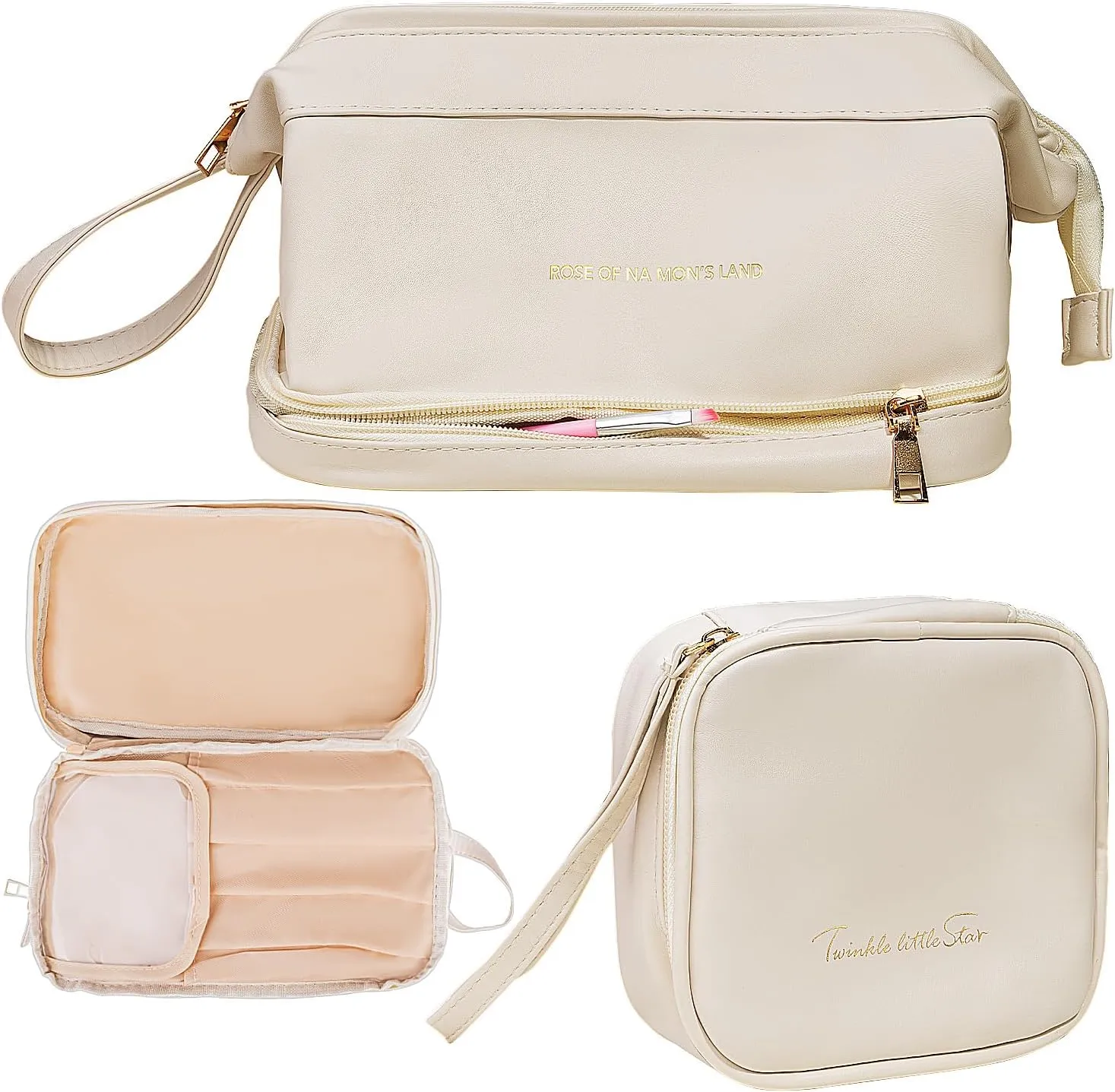 kullder Travel Makeup Bag, 2-Set Cosmetic Bags for Women, Leather Cosmetic Organizer, Large Clear Make Up Pouch, Toiletry Bag (Leather-White)