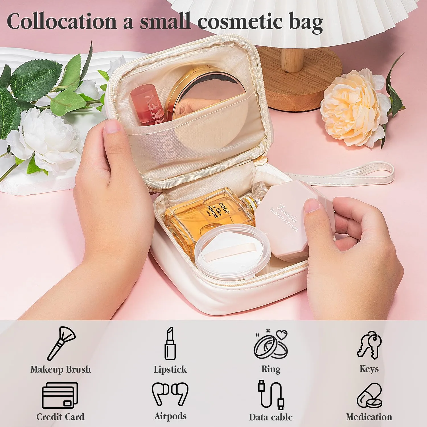 kullder Travel Makeup Bag, 2-Set Cosmetic Bags for Women, Leather Cosmetic Organizer, Large Clear Make Up Pouch, Toiletry Bag (Leather-White)