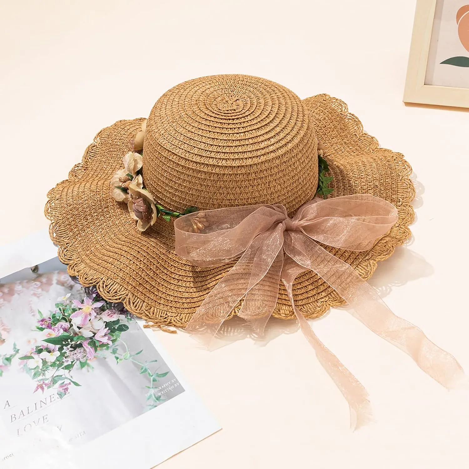 Kunyeah Kids Girl Summer Straw Hat Foldable Wide Brim Cap Sun Visor Hats Sun Protection Beach Hats Bowknot Floppy Cap