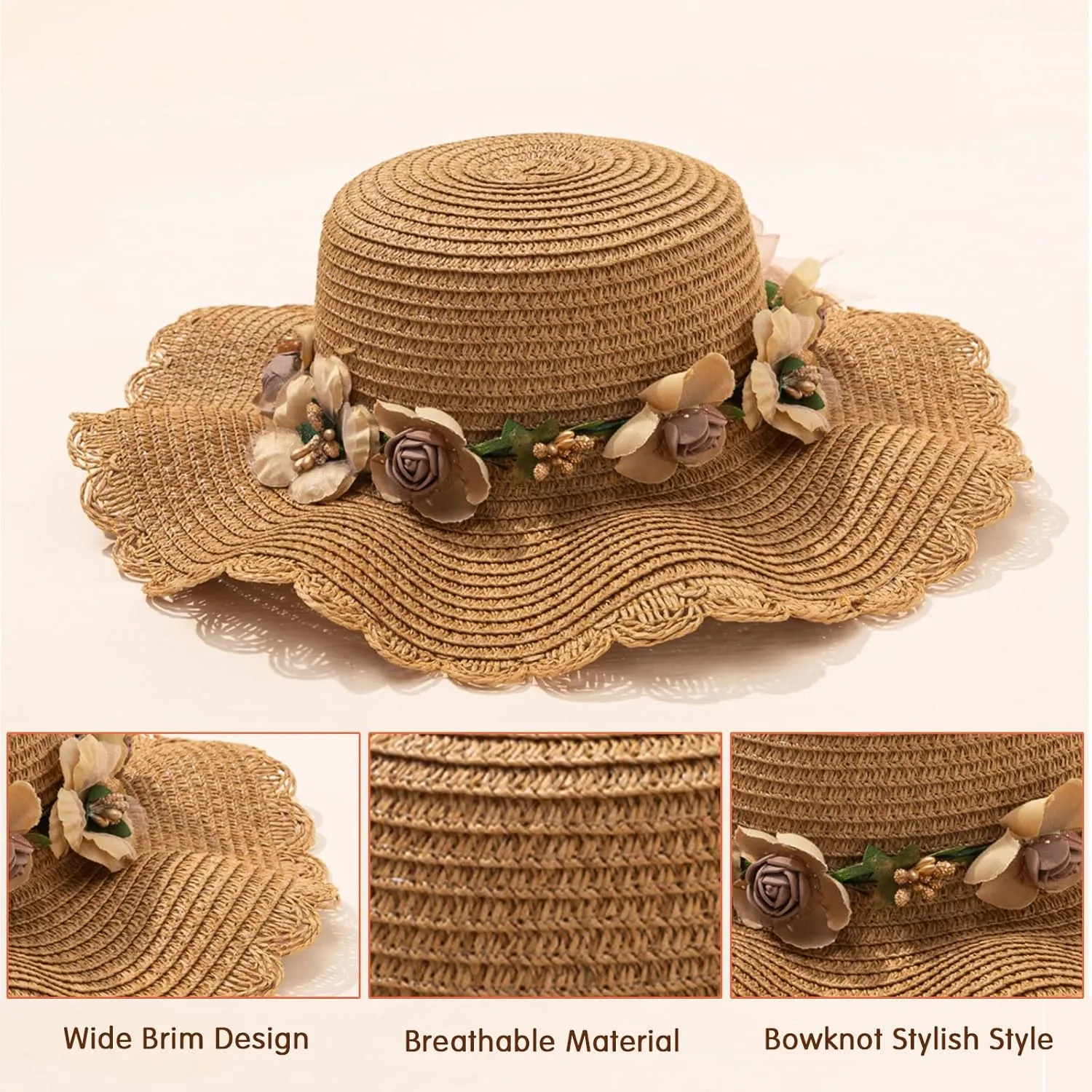 Kunyeah Kids Girl Summer Straw Hat Foldable Wide Brim Cap Sun Visor Hats Sun Protection Beach Hats Bowknot Floppy Cap