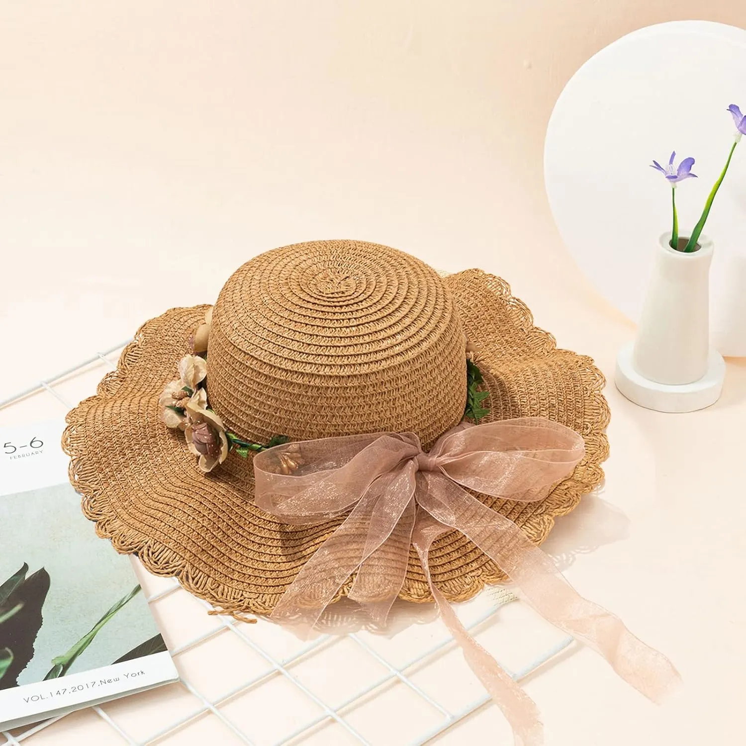 Kunyeah Kids Girl Summer Straw Hat Foldable Wide Brim Cap Sun Visor Hats Sun Protection Beach Hats Bowknot Floppy Cap